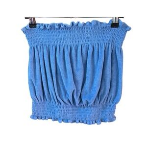 Vintage CW Classics Terry Cloth Tube Top Y2K Beach Retro Smocked Strapless Blue